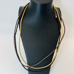 Vintage Triple Strand Cord & Beaded Necklace | Black Brown Gold Tones